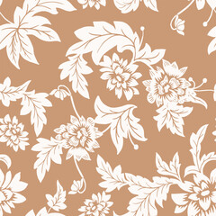 Seamless pattern. Vector graphic flowers on brown background.Silhouette white dahlia. 