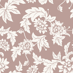 Seamless pattern. Vector graphic flowers on light purple background.Silhouette white dahlia. 