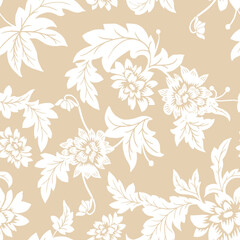 Seamless pattern. Vector graphic flowers on light beige background.Silhouette white dahlia. 