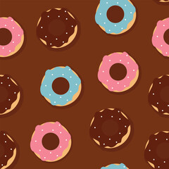 Donuts seamless pattern with chocolate background. Sweets and bakeries concept illustration.