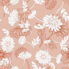 Original seamless floral pattern. pastel pink Background with flowers and floral motifs.Abstract elegant pattern with hand-drawn chrysanthemums flowers and leaves.