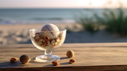 Ice cream with nuts in glass bowl on wooden table near sea, closeup. Various of Ice Cream Flavor. Summer and Sweet Menu Concept.. Background with a copy space.