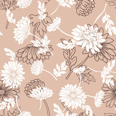 Original seamless floral pattern. pastel pink black Background with flowers and floral motifs.Abstract elegant pattern with hand-drawn chrysanthemums flowers and leaves.