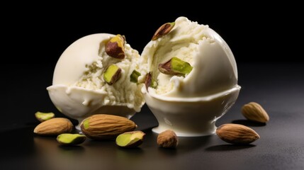 Obraz na płótnie Canvas Vanilla ice cream with pistachios and almonds on black background. Various of Ice Cream Flavor. Summer and Sweet Menu Concept.. Background with a copy space.