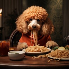 Cute poodle dog eatting  spaghetti on the wooden table with drink in the cozy dinning room.