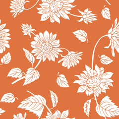 seamless pattern with sunflowers,Vector creative hand-drawn abstract seamless pattern of stylized sunflowers flowers in orange and white colors background.
