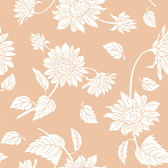 seamless pattern with sunflowers,Vector creative hand-drawn abstract seamless pattern of stylized sunflowers flowers in pastel pink and white colors background.