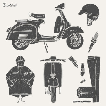Scooterist element set. Vintage hand drawn style.