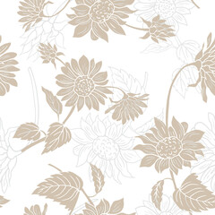 Seamless pattern with Chrysanthemums, grey beige with half white floral pattern on white background, used for textile, wallpaper,