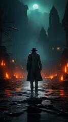 Wallpaper of a Futuristic Noir Detective in a Rainy Alleyway, Generative AI