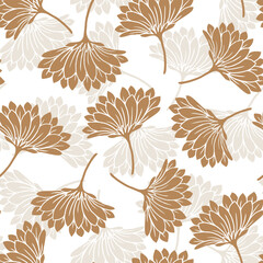 Seamless pattern with Chrysanthemums, light brown with half white floral pattern on white background