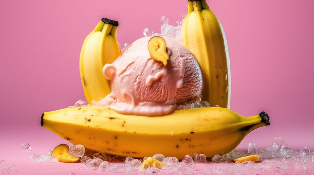 Banana ice cream with fresh bananas and ice cubes on pink background. Various of Ice Cream Flavor. Summer and Sweet Menu Concept.. Background with a copy space.
