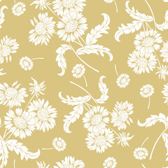 white sunflowers on pastel yellow background seamless pattern. Leaves, sunflowers, flowers ditsy. Perfect for Fall, Summer, Thanksgiving, holidays, fabric, textile. Vector flat style