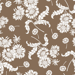 white sunflowers on pastel maroon background seamless pattern. Leaves, sunflowers, flowers ditsy. Perfect for Fall, Summer, Thanksgiving, holidays, fabric, textile. Vector flat style