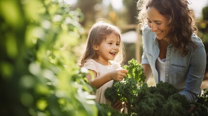 A mother and daughter are having fun picking fresh vegetables together in an organic garden. A cheerful young mother smilingly demonstrates how to pick fresh kale with her daughter. A