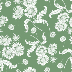 white sunflowers on  green background seamless pattern. Leaves, sunflowers, flowers ditsy. Perfect for Fall, Summer, Thanksgiving, holidays, fabric, textile. Vector flat style