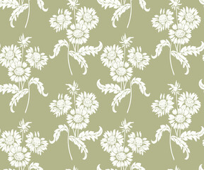 sunflower floral drawing. Silhouettes of light green background flowers in vintage style. Elegant seamless botanical pattern made of spring flowers. textile, fabric, wallpaper, surface design.