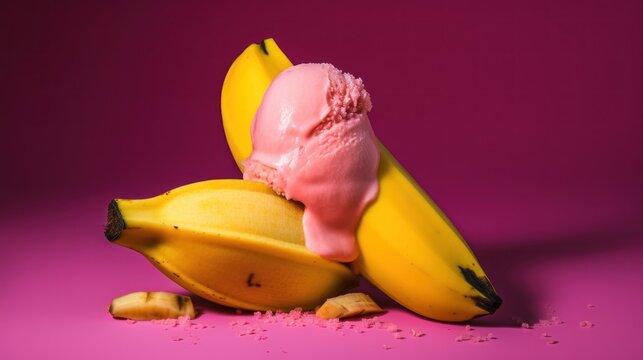 Banana ice cream and fresh bananas on a pink background, close up. Various of Ice Cream Flavor. Summer and Sweet Menu Concept.. Background with a copy space.