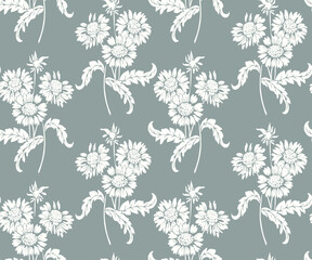 sunflower floral drawing. Silhouettes of blue background flowers in vintage style. Elegant seamless botanical pattern made of spring flowers. textile, fabric, wallpaper, surface design.