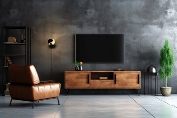 TV on Cabinet in modern living room with leather armchair