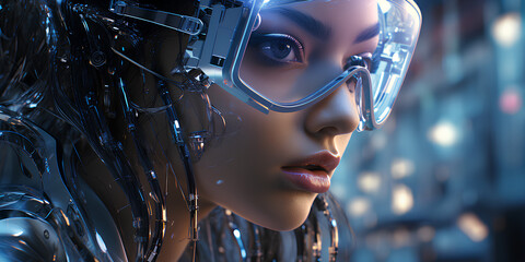 Fototapeta premium A beautiful female cyborg in a futuristic city. 