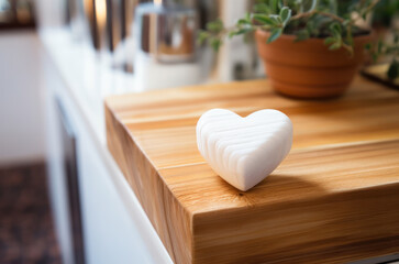 Heart-shaped piece of soap on a wooden counter in the bathroom