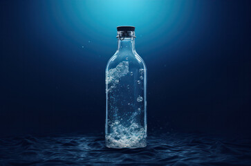 Water bottle with bubbles inside on at the bottom of the ocean with light from above