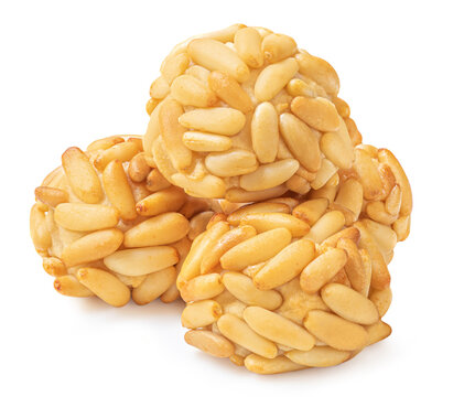 Panellets pine nuts isolated on white background. Typical Catalan dessert panellets in Spain