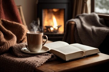 taza de chocolate o café caliente al lado de un libro en un cuarto cálido, al lado de una chimenea  