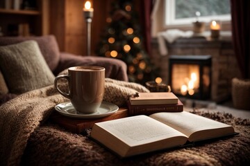 taza de chocolate o café caliente al lado de un libro en un cuarto cálido al lado de una chimenea  