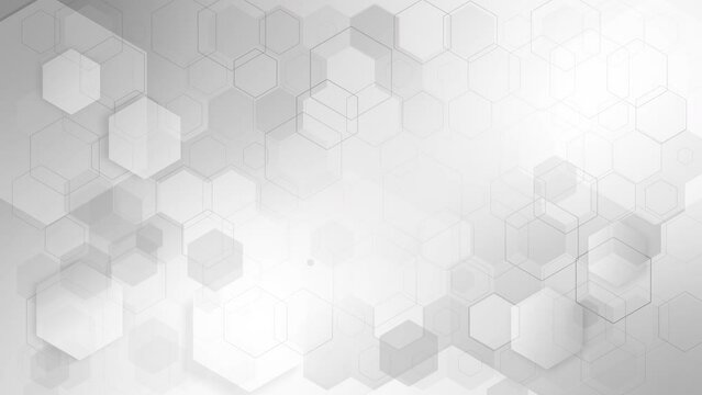 White Abstract Technical Geometric Background With Animated Gray Hexagonal Shapes. Looped Motion Graphics.