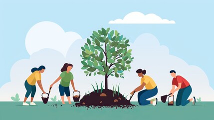 Obraz na płótnie Canvas A group of volunteers are planting a forest in isolation. Flat vector stock illustration of the concept of tree planting and forest conservation. The park is being landscaped by volunteers.