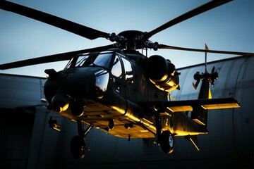 An unidentified military helicopter on the airbase represents aviation and transport - obrazy, fototapety, plakaty