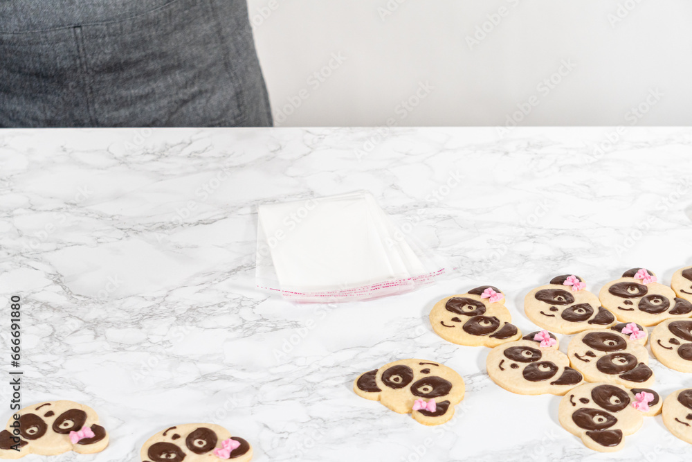 Wall mural Panda shaped shortbread cookies with chocolate icing