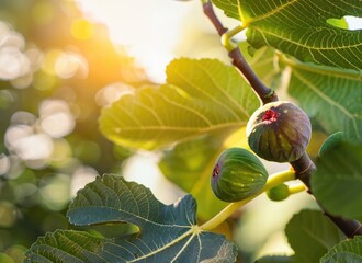 Obraz premium Fig grows on a tree in the harvest garden on evernig sun flare with copy space. AI Generated.