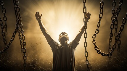 Man hands raised up in the air having chains and do worship