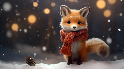 A cute fox with a Christmas red scarf and against the backdrop of a fabulous winter, snowy forest with Christmas decorations, bokeh and copy space. Christmas greeting card.