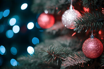 christmas tree decorations, santa claus with gifts, snowman in the snow, christmas gift boxes	