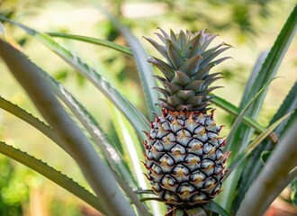 Obraz premium pineapple grows on a tree in the harvest garden on everning sun flare, blur bokeh background. AI Generated.