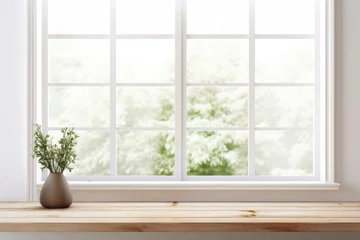 Foto op Plexiglas Empty wooden table top, flowers and big window in white interior. Background, mock up, template for montage product display. © svetlana_cherruty