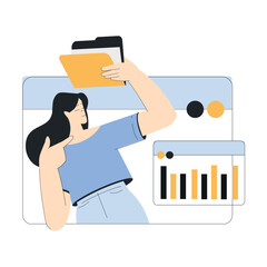 Business with Young Woman Character at Web Window Having Online Meeting Vector Illustration