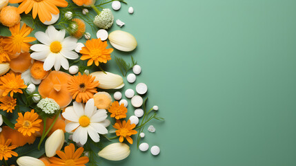 Top view banner design with empty space, white and orange flowers, on bright green background. Banner layout, white and orange flowers, herbal supplements template