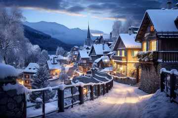 A snow-covered European village in winter at dusk