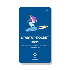 business startup rocket man vector. fly career, success concept, progress innovation business startup rocket man web flat cartoon illustration