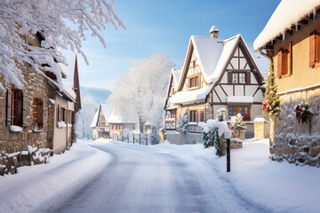 Fototapeta premium A snow-covered European village in winter on a bright sunny day