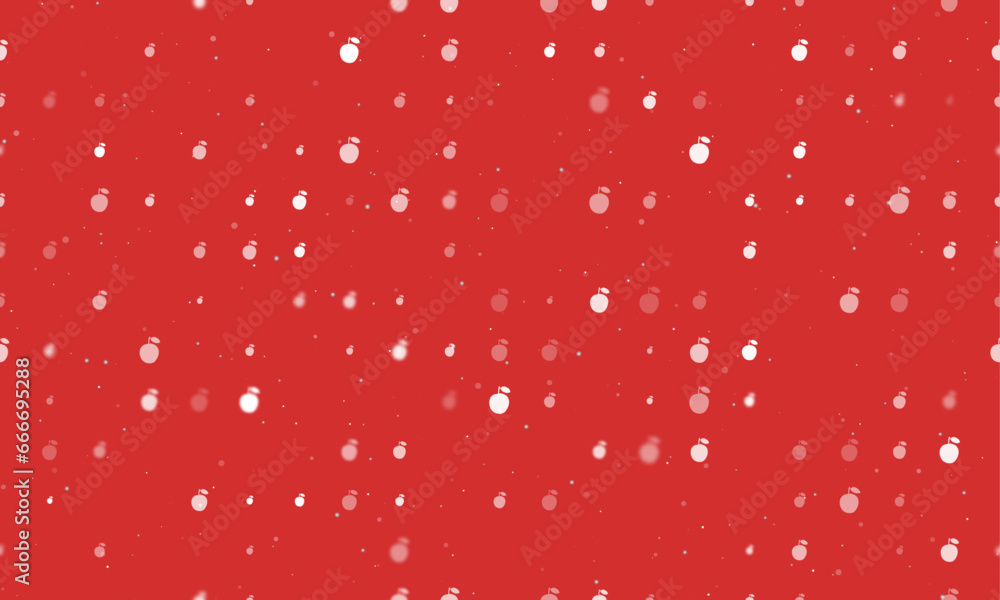Poster seamless background pattern of evenly spaced white apple symbols of different sizes and opacity. vec