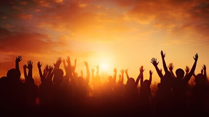 People hands raised up in the air at sunset feel happy