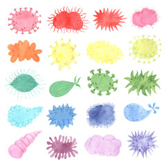 Watercolor colorful abstract viruses and microbes