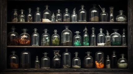 An alchemy concept can be achieved by filling an old shelf with bottles that are old and antique.