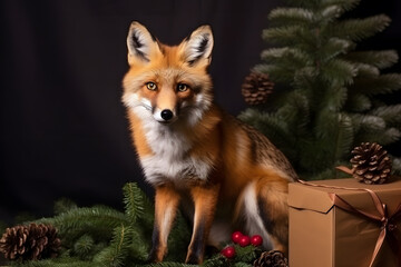 Fototapeta premium A fox in a Christmas setup. Studio portrait, winter festive season template.